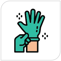 Illustration of a hand putting on gloves: A colourful illustration showing a green glove being put onto a hand