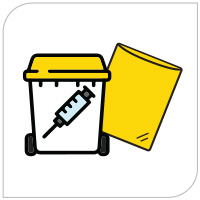 Illustration of a medical sharps bin: A yellow medical sharps bin icon with a syringe inside, paired with a yellow bag.