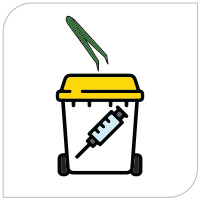 Illustration of disposing sharps into a bin: A medical sharps bin with a syringe and tweezers being disposed of safely.