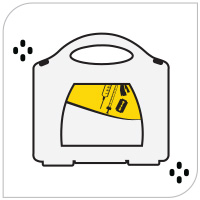 Illustration of a biohazard kit: An icon representing a closed biohazard disposal kit with visible tools and protective gear inside.