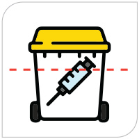 Illustration of a sharps disposal bin with a dotted line showing where to fill it too