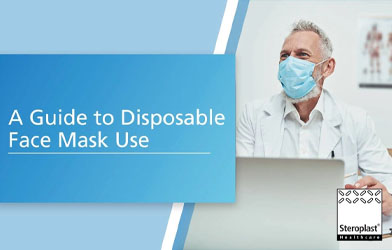 A doctor wearing a blue disposable face mask, seated at a desk, with the title 'A Guide to Disposable Face Mask Use' displayed.