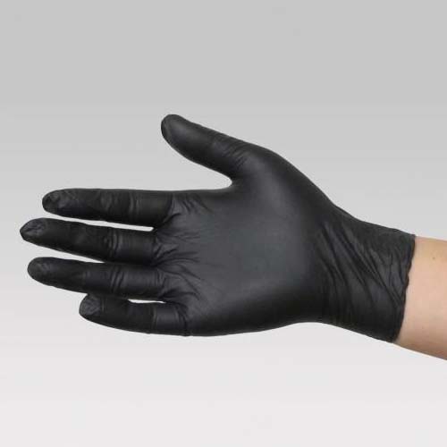 A hand wearing a black nitrile glove, highlighting its snug fit and professional appearance.