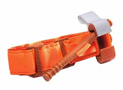 An orange Combat Application Tourniquet (C-A-T) featuring a windlass rod and securing clip, designed for rapid blood flow restriction in emergencies.