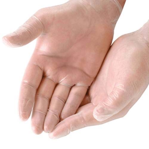 Hands wearing transparent vinyl gloves, showcasing a comfortable and secure fit.
