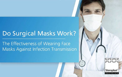 A medical professional in a white coat wearing a surgical face mask, with the title 'Do Surgical Masks Work? The Effectiveness of Wearing Face Masks Against Infection Transmission' displayed.