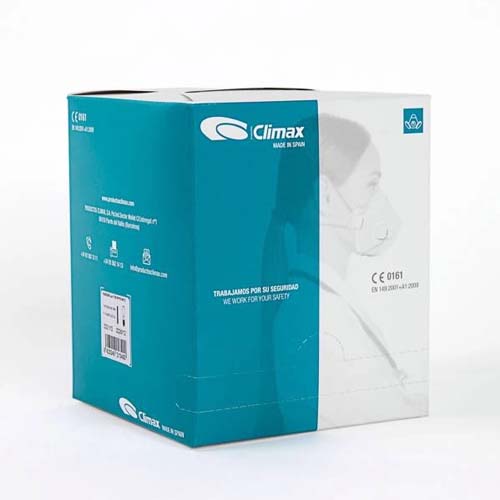 A blue and white box of Climax FFP3 valved face masks featuring product branding and an image of a person wearing the mask.