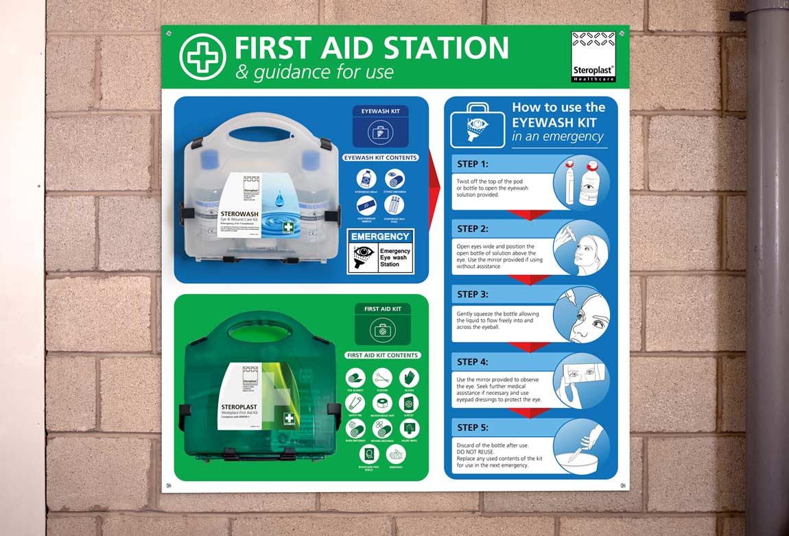 first aid station in a workplace with signage