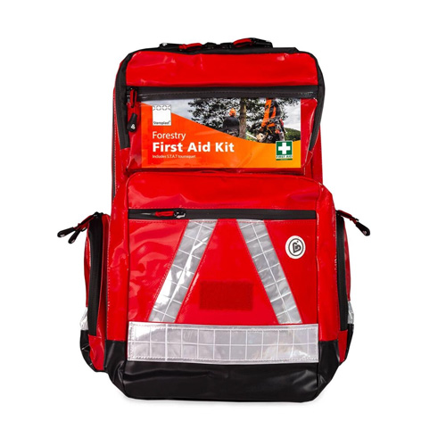 Red forestry first aid kit in a backpack style, with reflective elements and an orange label reading 'Forestry First Aid Kit.' The bag is designed for outdoor use in forestry and includes a white cross indicating first aid.