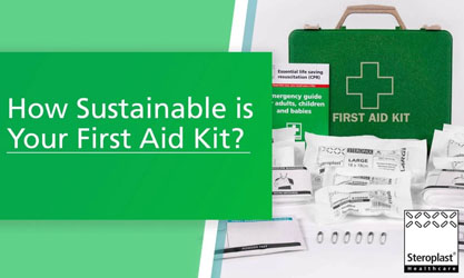 A green first aid kit with its contents, including bandages and an emergency guide, displayed in front. Text on a green background reads: 'How Sustainable is Your First Aid Kit?'