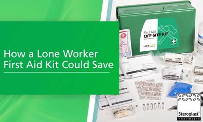 Promotional image showing a green first aid kit labelled 'First Aid Off-Site Kit' alongside its contents, including bandages, wipes, and other medical supplies. The text reads: 'How a Lone Worker First Aid Kit Could Save.'