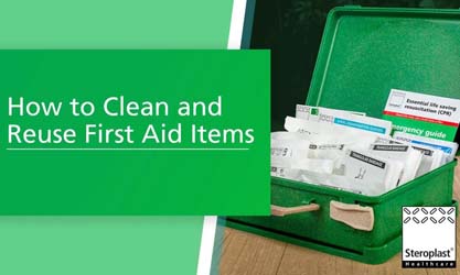 An open green first aid kit showing organised supplies such as bandages and guides. Text on a green background reads: 'How to Clean and Reuse First Aid Items.'