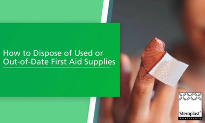 A close-up of a hand removing a used plaster from a finger. Text on a green background reads: 'How to Dispose of Used or Out-of-Date First Aid Supplies.'