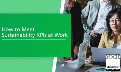 A business meeting with a woman presenting documents at a desk while others look on. Text on a green background reads: 'How to Meet Sustainability KPIs at Work.'