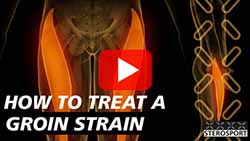 Video thumbnail with an anatomical illustration of the groin area showing highlighted muscles. Text reads: 'How to Treat a Groin Strain.