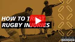 Video thumbnail with two rugby players in action on a grassy field. Text reads: 'How to Treat Rugby Injuries.'