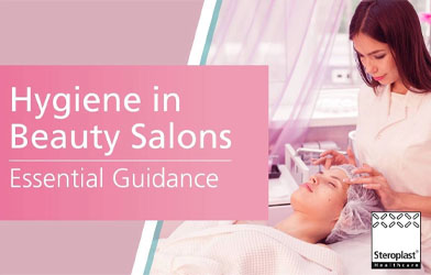 A beauty professional giving a facial treatment to a client lying on a salon bed, with the title 'Hygiene in Beauty Salons: Essential Guidance' displayed.
