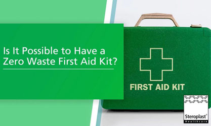 A green first aid kit with a white cross on the front. Text on a green background reads: 'Is It Possible to Have a Zero Waste First Aid Kit?'