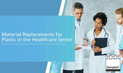 A group of healthcare professionals in lab coats reviewing documents in a hospital setting. Text on a blue background reads: 'Material Replacements for Plastic in the Healthcare Sector.'