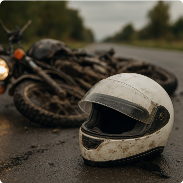 A closeup of a motorcycle helmet with a crashsed motorcyle on the road in the background