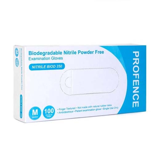 Packaging of biodegradable nitrile powder-free gloves, medium size, with eco-friendly labelling.