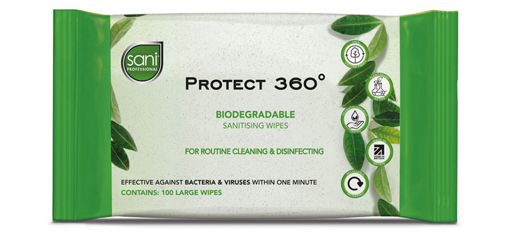 Sani Professional® Protect 360° Biodegradable Sanitising White Wipes