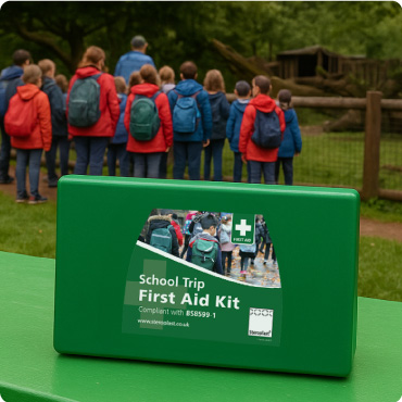 School Trip Travel First Aid Kit on a green bench with school children on a school trip in the background