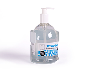 A 500ml bottle of Stero-San hand sanitising rub in a white holder. The bottle has a pump dispenser and a blue and white label displaying the brand and product details.