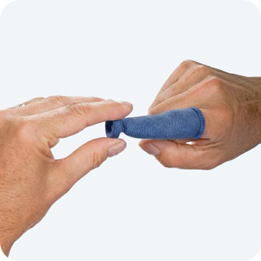 Blue Finger Bandage about to be rolled onto finger
