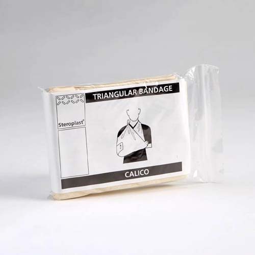 Packaged Steroplast Calico Triangular Bandage with a simple illustration on the label showing how to use the bandage as an arm sling. The packaging is clear with black and white branding and instructions.