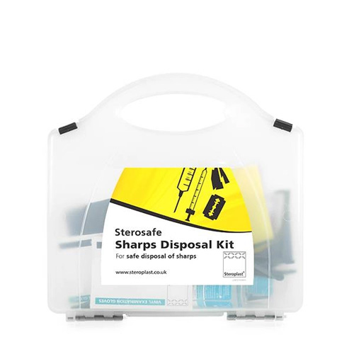 Designed for handling potentially infectious sharps safely, including a biohazard bag, disinfectant spray, hand wipes, tweezers, and a disposal stick.