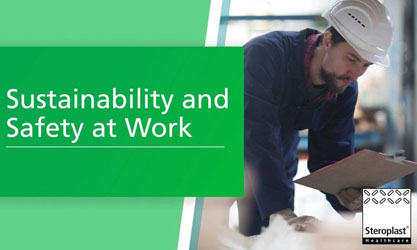 A worker in protective gear, including a hard hat, reviewing documents in an industrial setting. Text on a green background reads: 'Sustainability and Safety at Work.