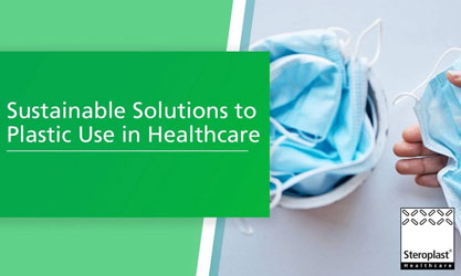 A hand placing a disposable medical face mask into a container filled with other masks. Text on a green background reads: 'Sustainable Solutions to Plastic Use in Healthcare.'