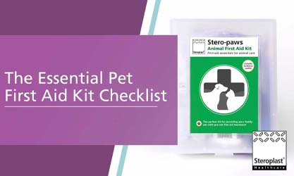 An image featuring a Stero-paws Animal First Aid Kit with a green label and white cross. Text on a purple background reads: 'The Essential Pet First Aid Kit Checklist.