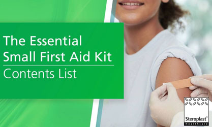A woman receiving a plaster applied to her arm by a gloved hand. Text on a green background reads: 'The Essential Small First Aid Kit Contents List.'