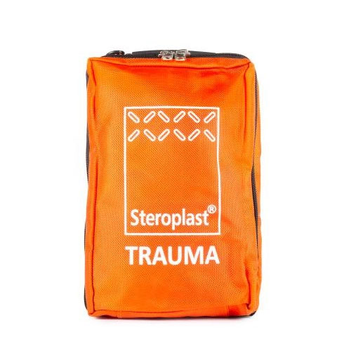 Bright orange trauma bag with the Steroplast logo and the word 'TRAUMA' printed in white on the front. The bag has a zippered top and is designed for emergency medical supplies.