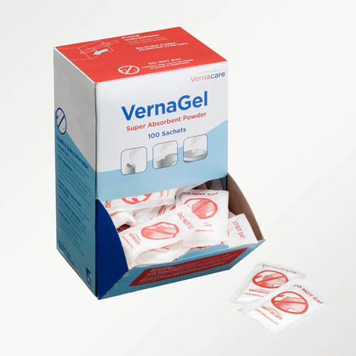 An open box of VernaGel Super Absorbent Powder sachets, showing individual packets with red warning labels stating 'Do Not Eat.