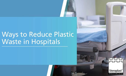 A hospital bed with blue sheets in a brightly lit room. Text on a blue background reads: 'Ways to Reduce Plastic Waste in Hospitals.'