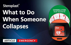 An emergency response banner with a green and red AED case on the right. The title reads, 