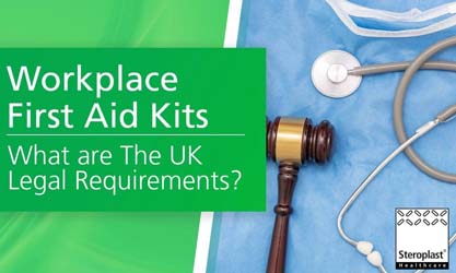 A gavel, stethoscope, and medical scrubs displayed on a blue surface, with green text overlay reading: 'Workplace First Aid Kits - What are The UK Legal Requirements?