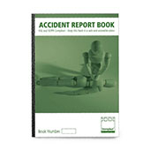 Green and white cover accident report book, labelled 