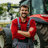 Smiling man in red shirt and overalls, standing with arms crossed in front of a tractor on a farm