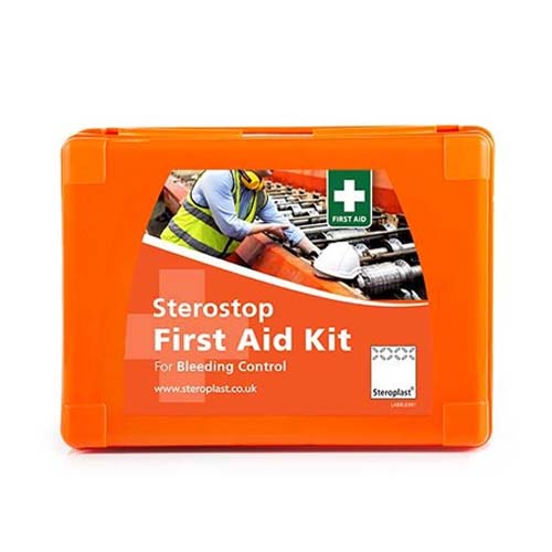 Orange Sterostop First Aid Kit for bleeding control, featuring an image of a worker in a high-visibility jacket handling equipment. The kit's label includes a white cross indicating first aid, along with the Steroplast logo.