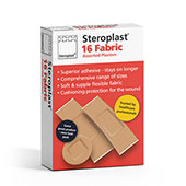 Box of Steroplast fabric plasters, showing assorted sizes and adhesive properties, designed for durable protection