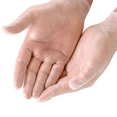 Pair of hands wearing transparent disposable gloves, palms facing up