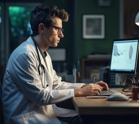 Doctor sat at computer in office