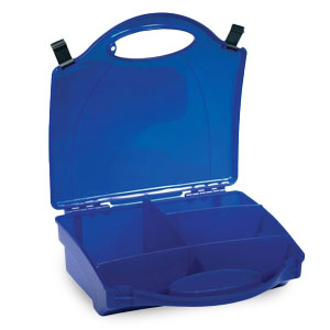Empty blue plastic first aid kit box with compartments and a handle
