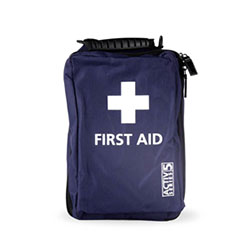 Compact blue nylon first aid kit pouch with a white cross and 
