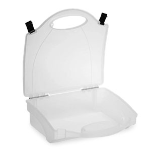 Empty clear plastic first aid kit box with a handle, no internal compartments