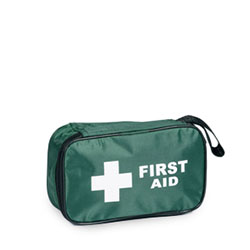 Small green nylon first aid pouch with a white cross and 